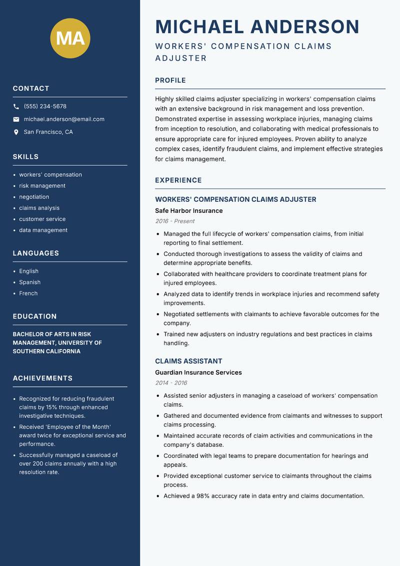 Claims Adjuster Resume Preview Example