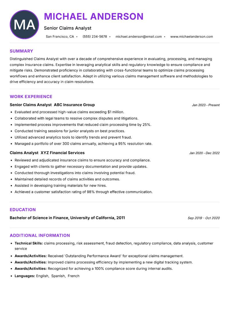 Claims Analyst Resume Preview Example