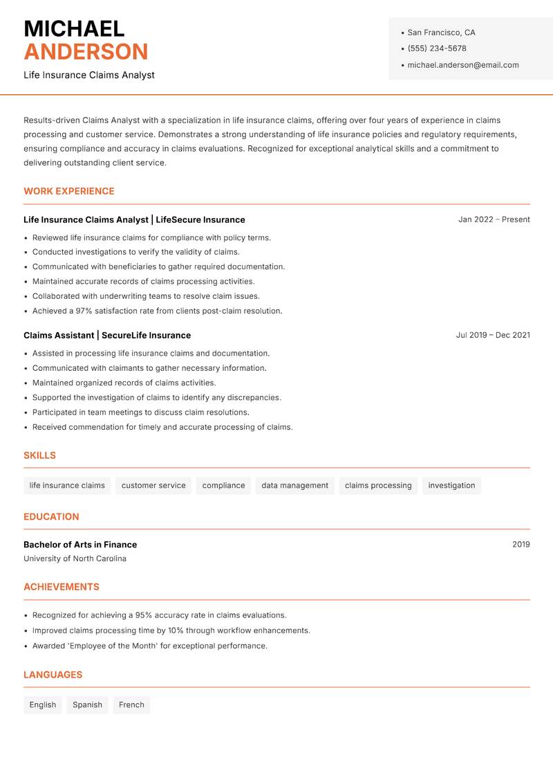 Claims Analyst Resume Template