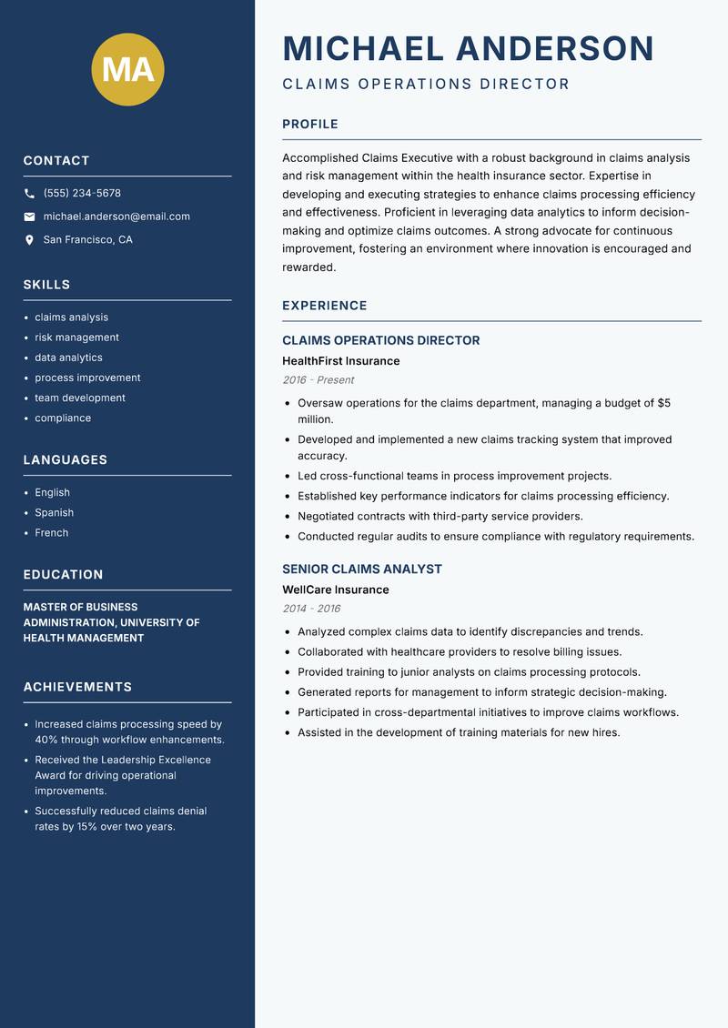 Claims Executive Resume Preview Example