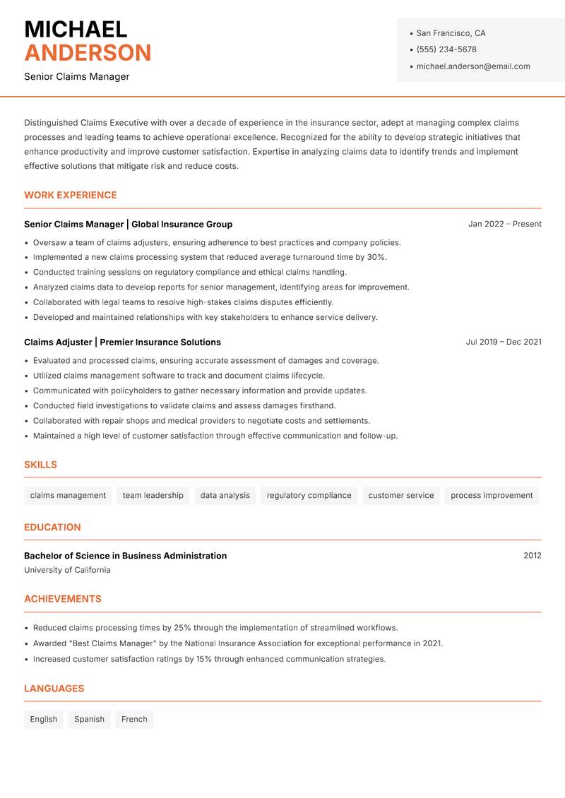 Claims Executive Resume Template