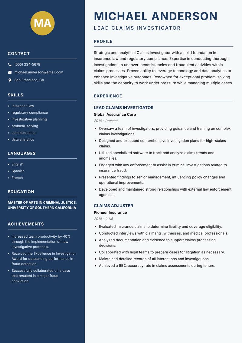 Claims Investigator Resume Preview Example