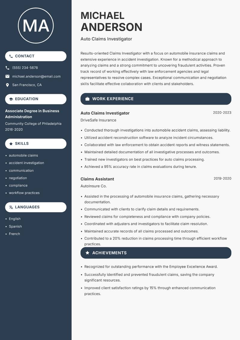 Claims Investigator Resume Preview Example