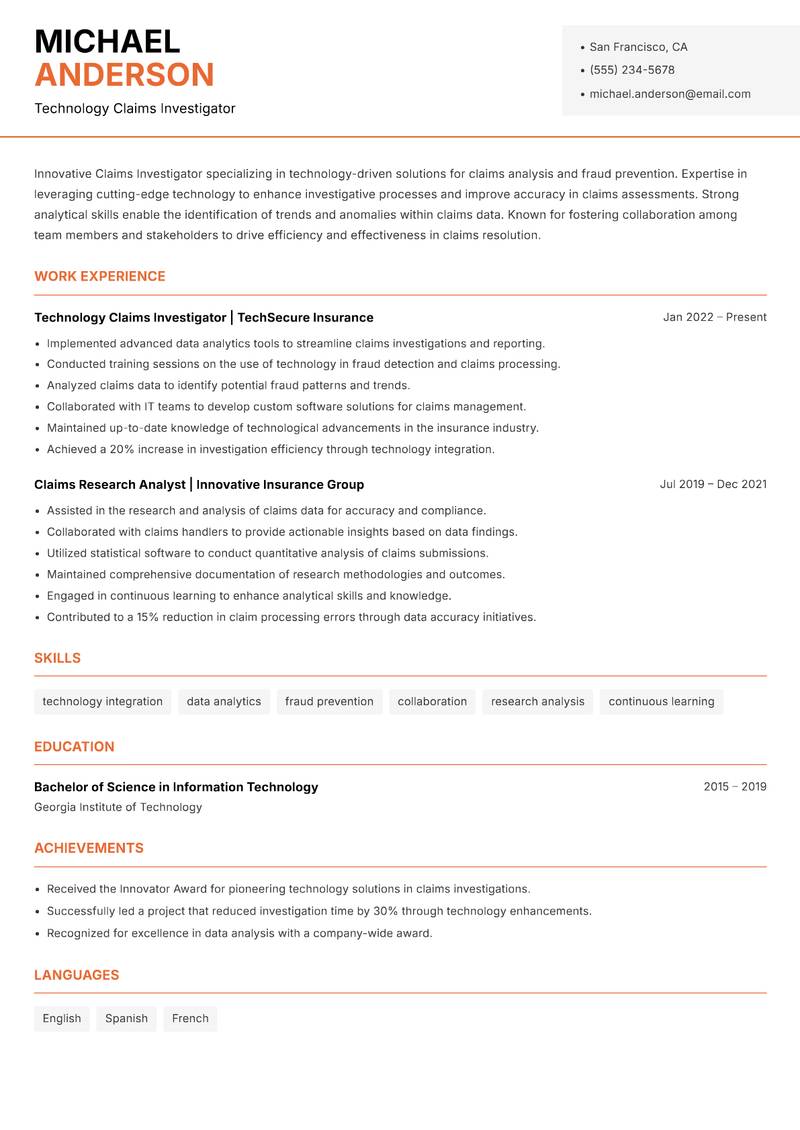 Claims Investigator Resume Template