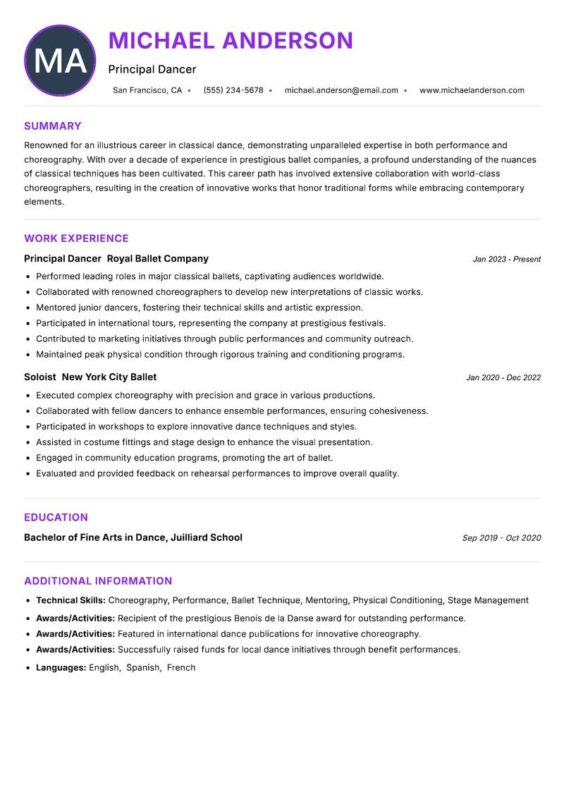 Classical Dancer Resume Preview Example