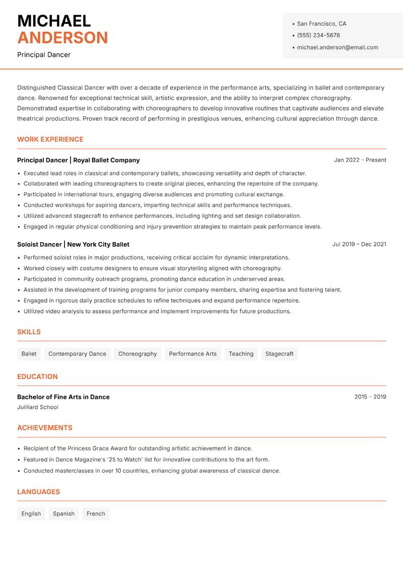 Classical Dancer Resume Template