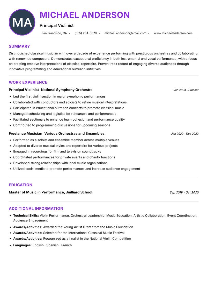 Classical Musician Resume Preview Example