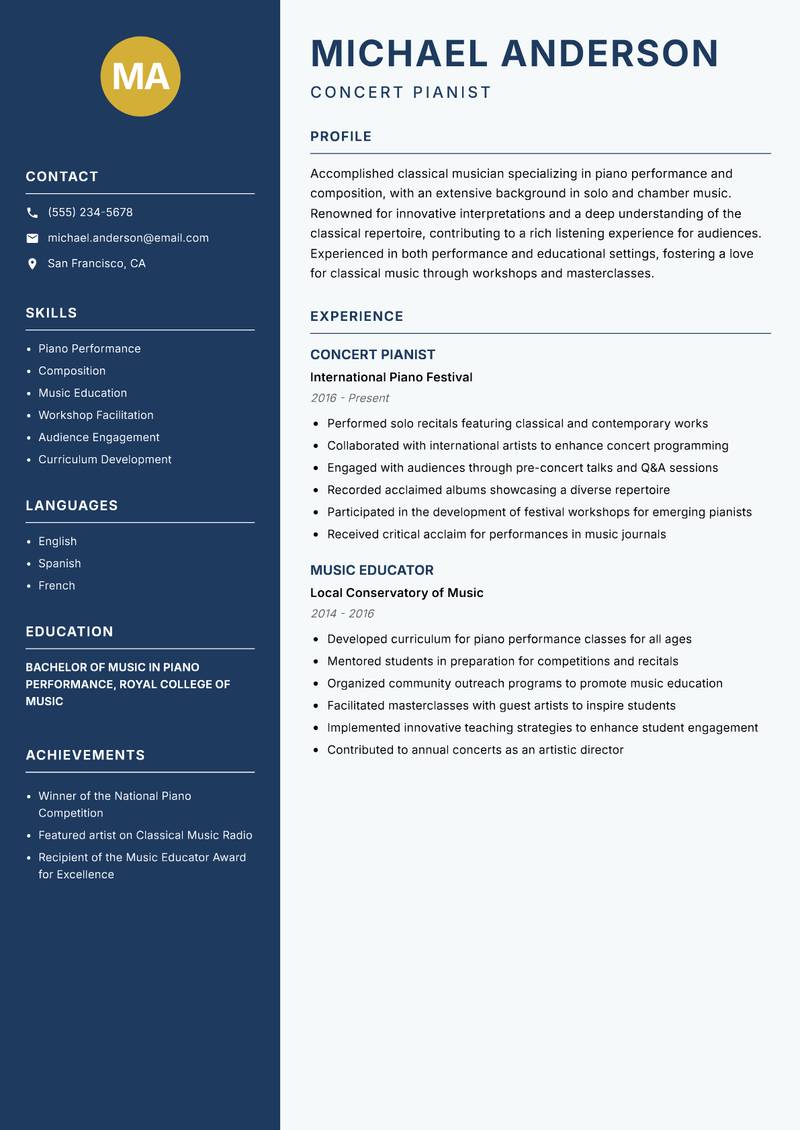Classical Musician Resume Preview Example