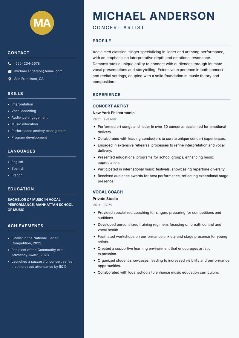 Classical Singer Resume Preview Example
