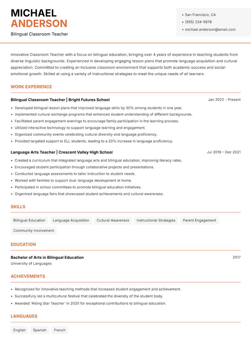 Classroom Teacher Resume Template