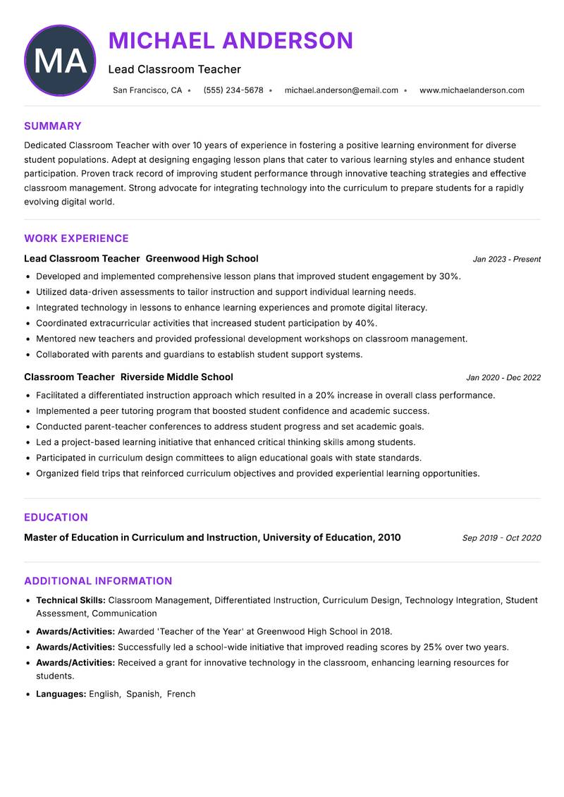 Classroom Teacher Resume Preview Example