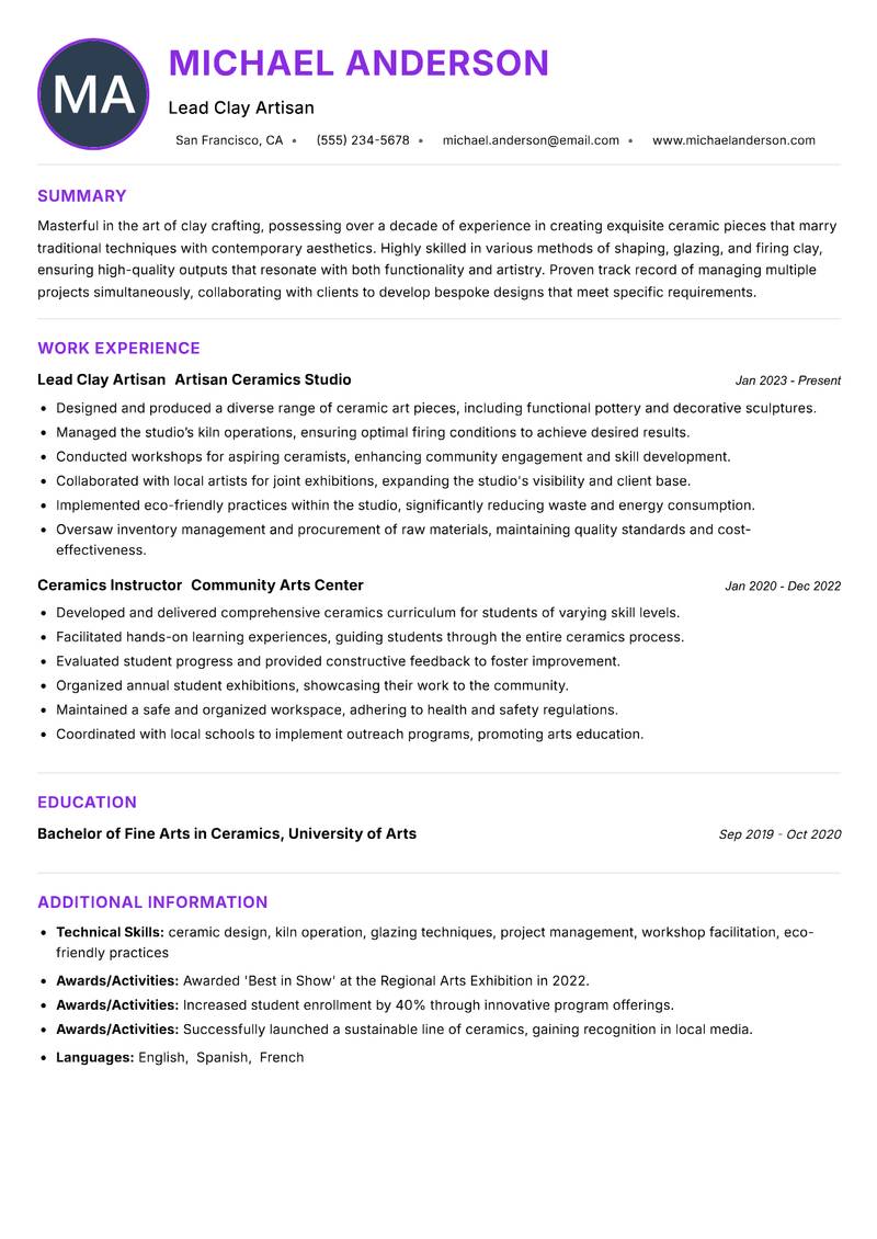 Clay Craft Artisan Resume Preview Example
