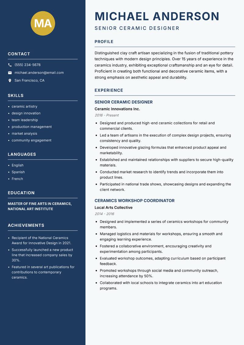 Clay Craft Artisan Resume Preview Example