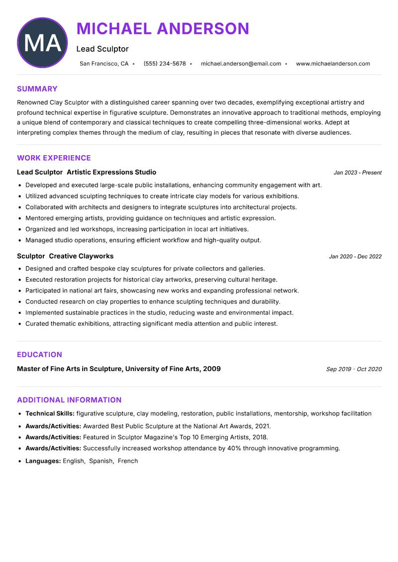 Clay Sculptor Resume Preview Example
