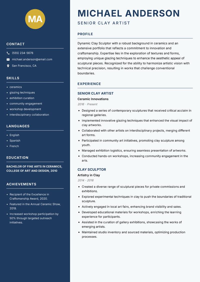 Clay Sculptor Resume Preview Example