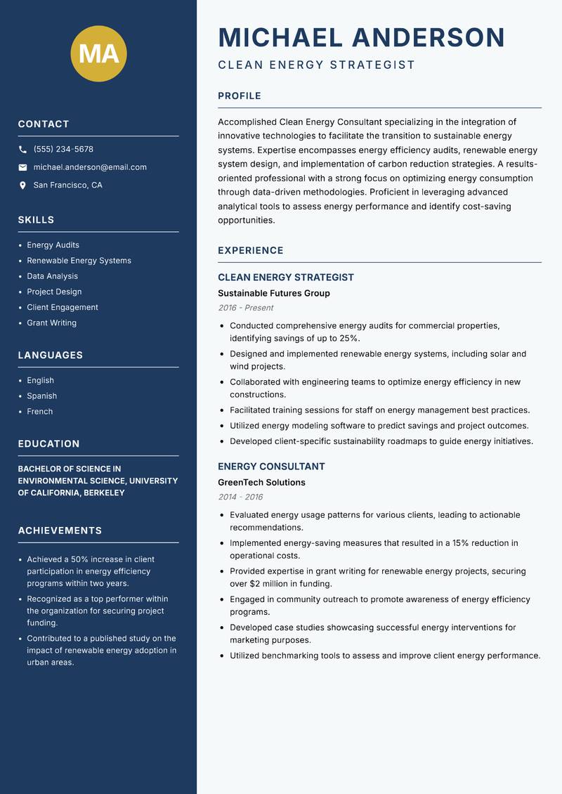 Clean Energy Consultant Resume Preview Example