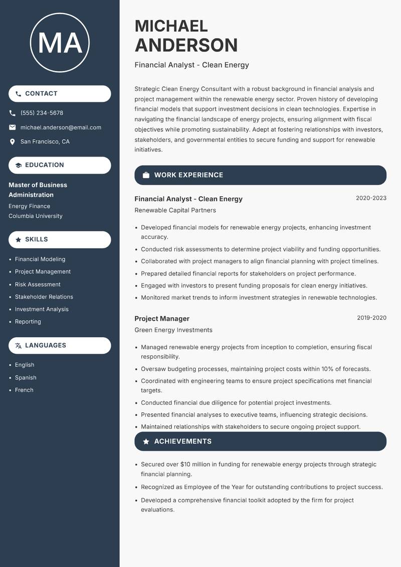Clean Energy Consultant Resume Preview Example