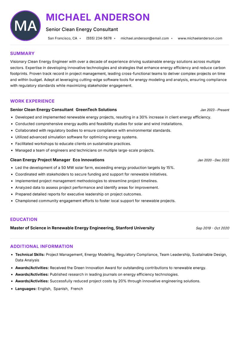 Clean Energy Engineer Resume Preview Example