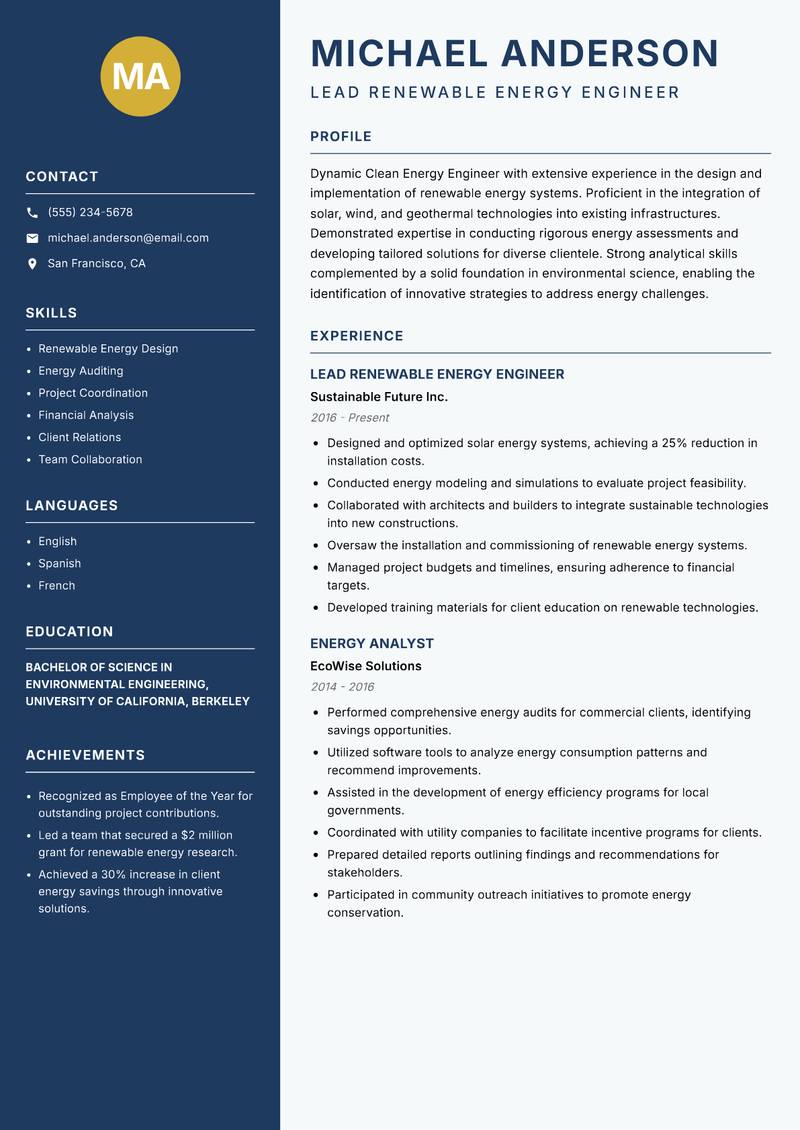 Clean Energy Engineer Resume Preview Example