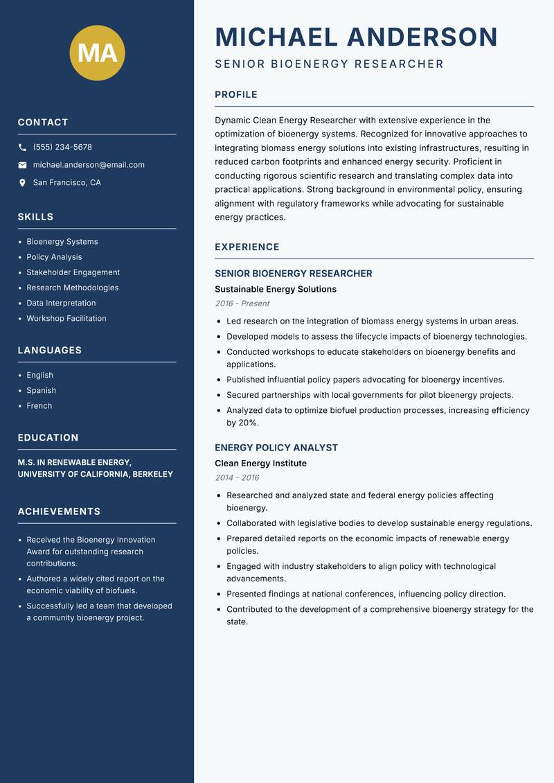 Clean Energy Researcher Resume Preview Example