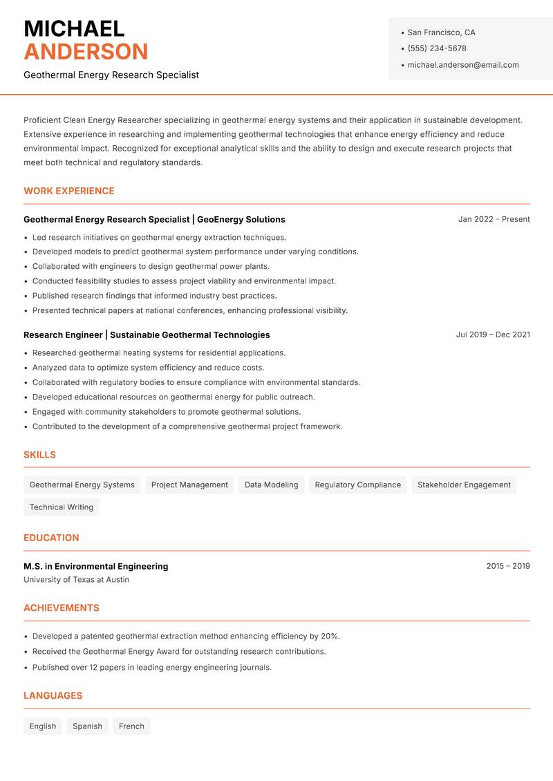 Clean Energy Researcher Resume Template