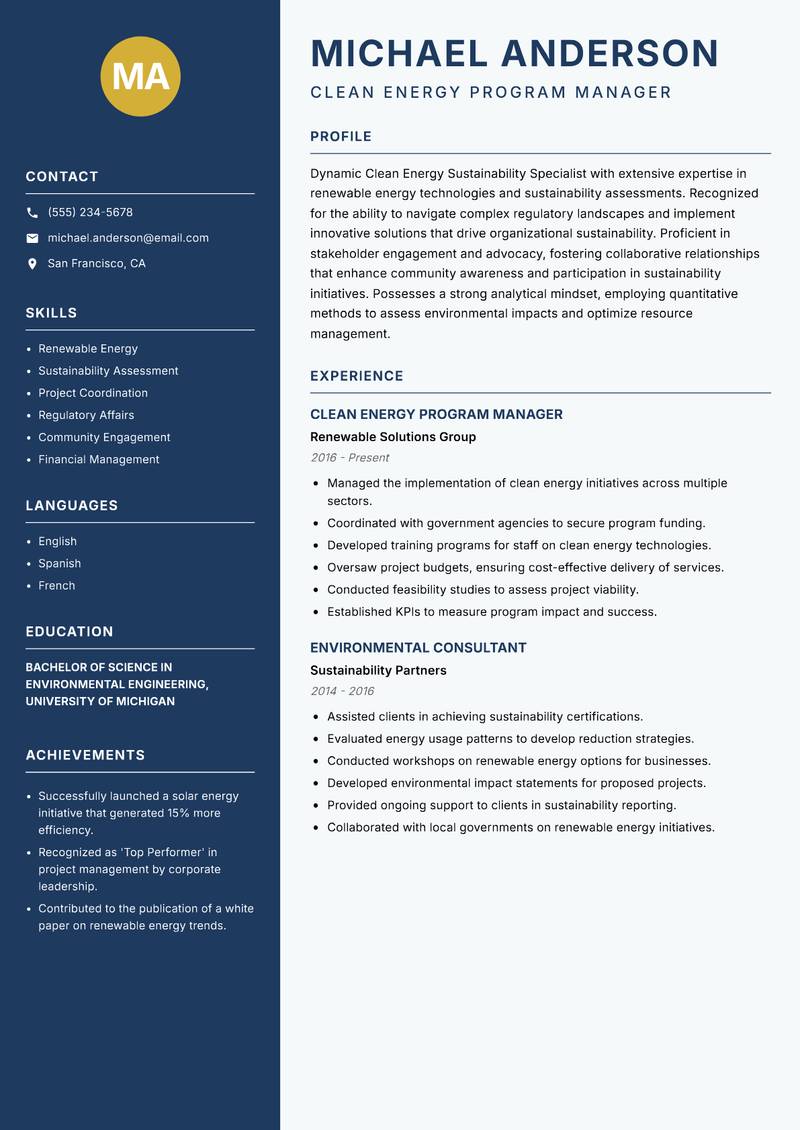 Clean Energy Sustainability Specialist Resume Preview Example
