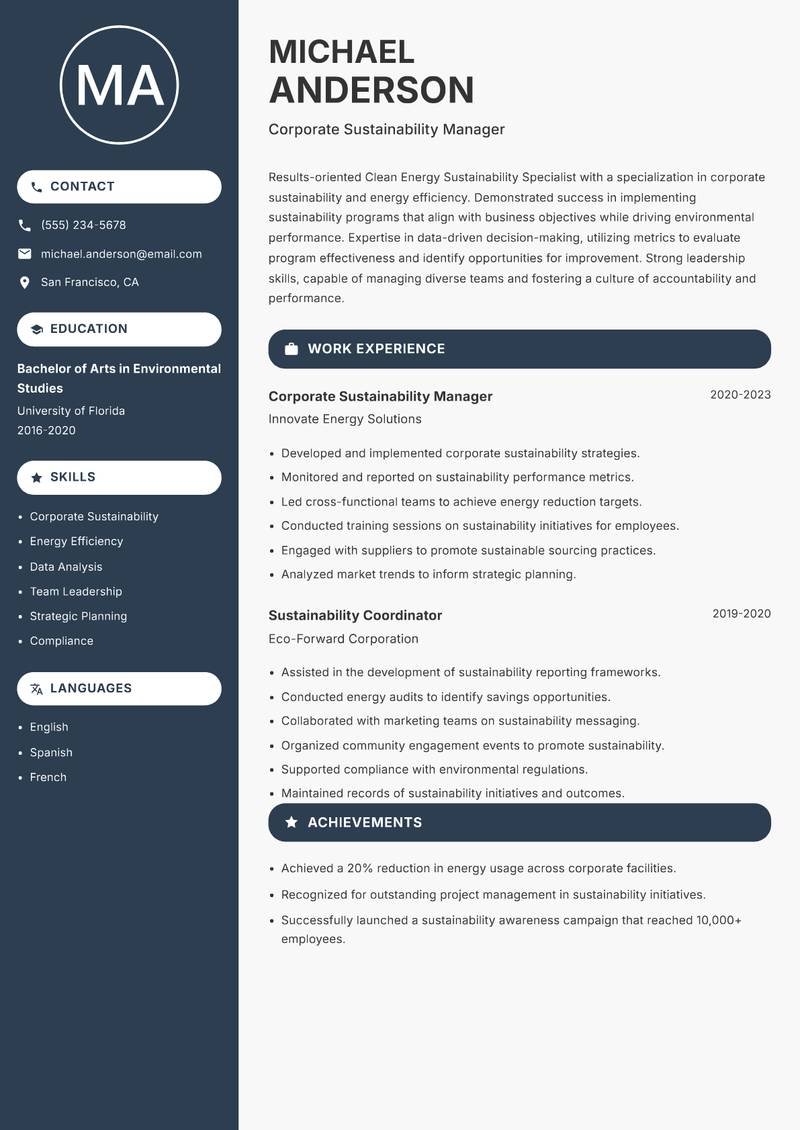 Clean Energy Sustainability Specialist Resume Preview Example