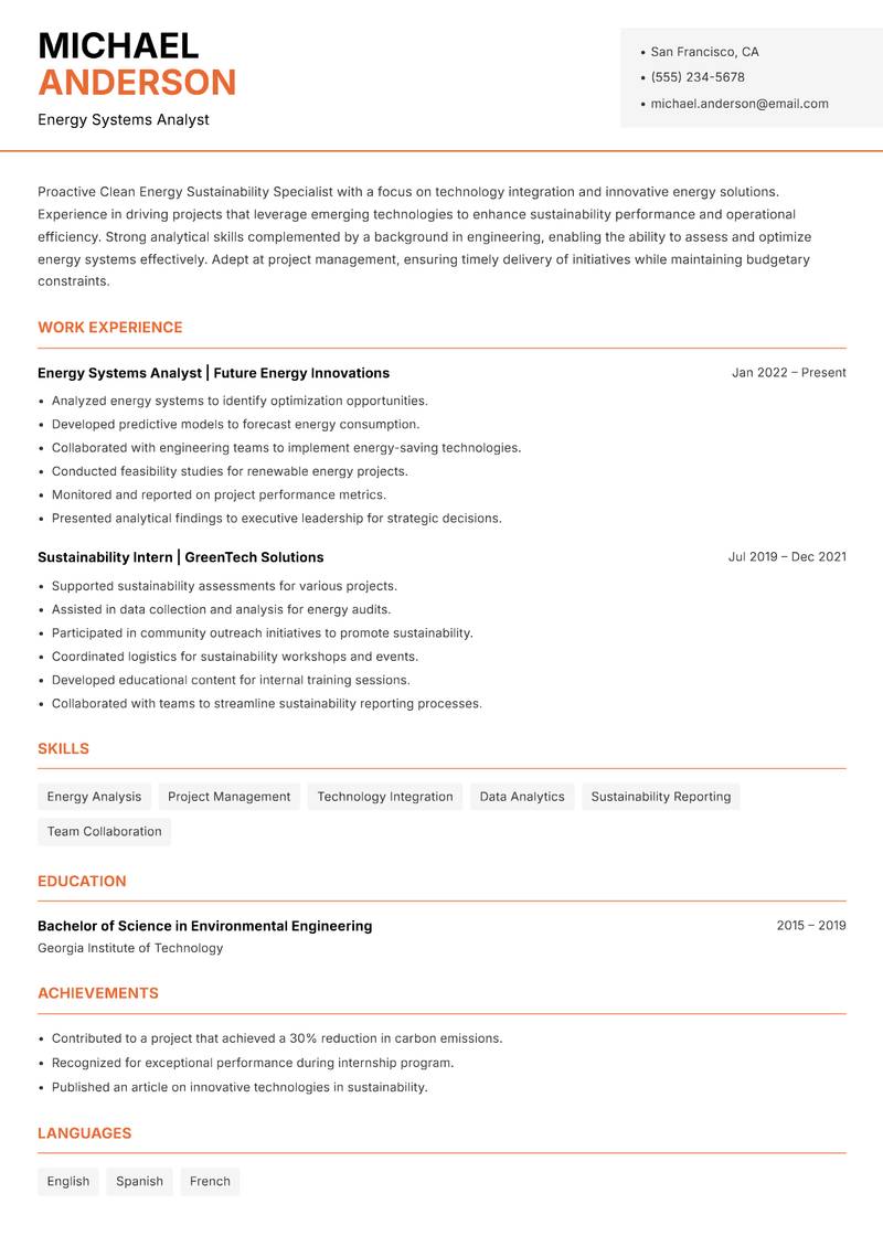 Clean Energy Sustainability Specialist Resume Template