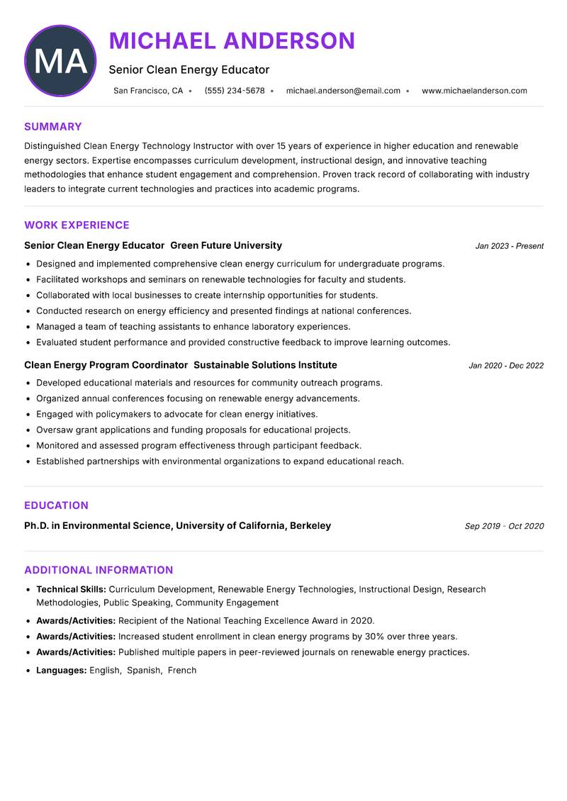 Clean Energy Technology Instructor Resume Preview Example