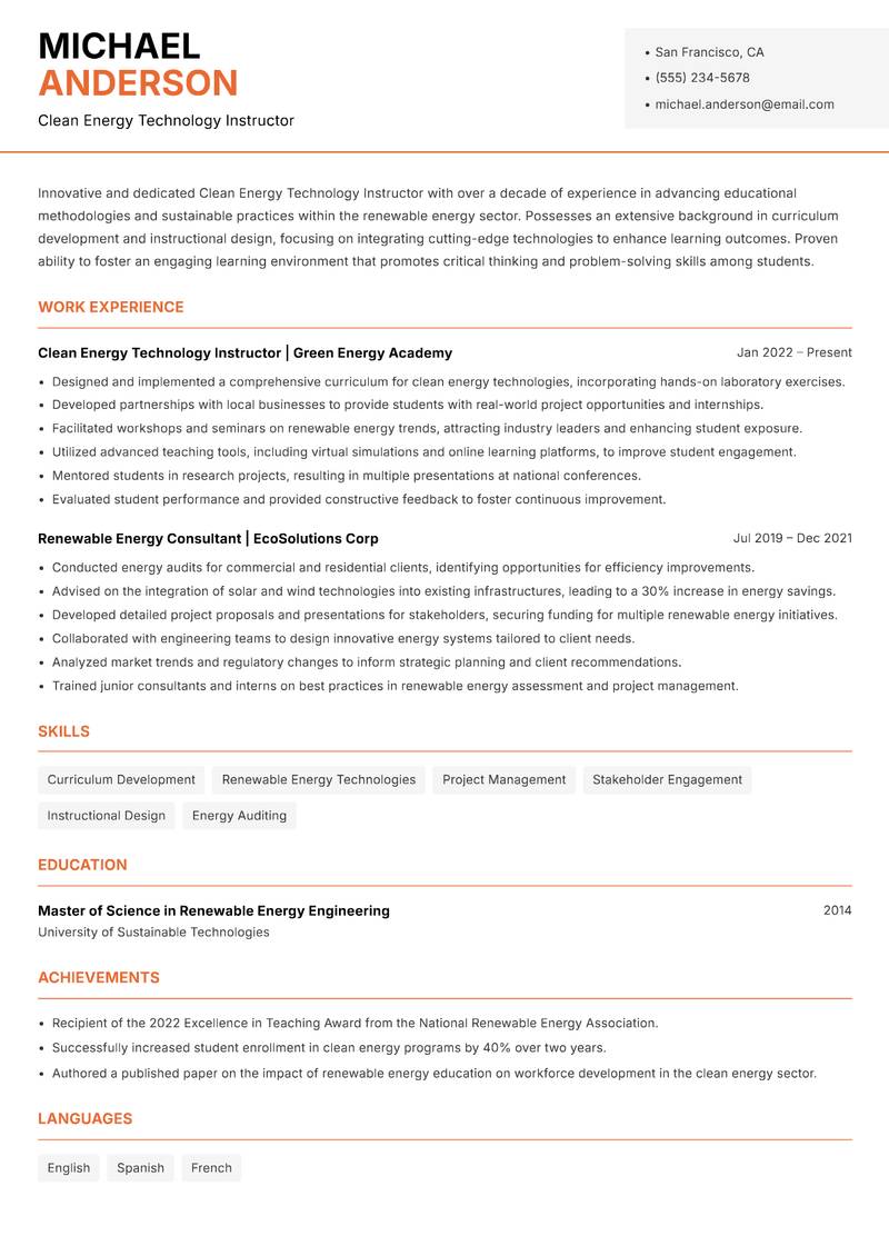 Clean Energy Technology Instructor Resume Template