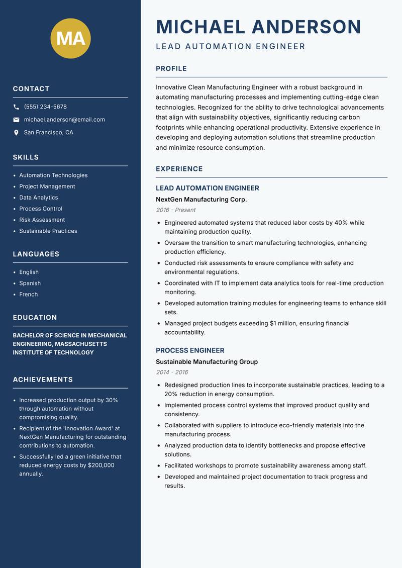 Clean Manufacturing Engineer Resume Preview Example