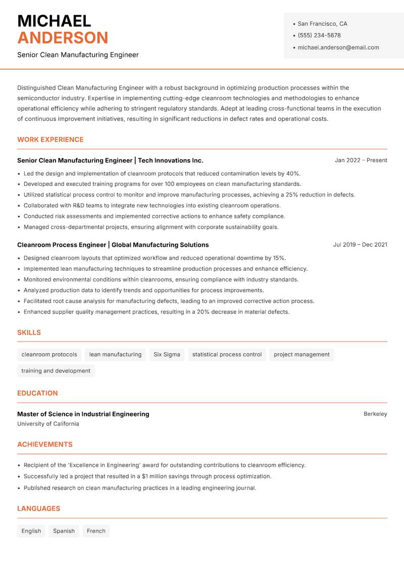 Clean Manufacturing Engineer Resume Template