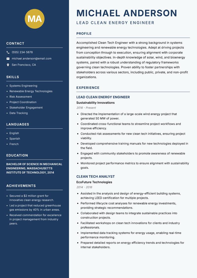 Clean Tech Engineer Resume Preview Example