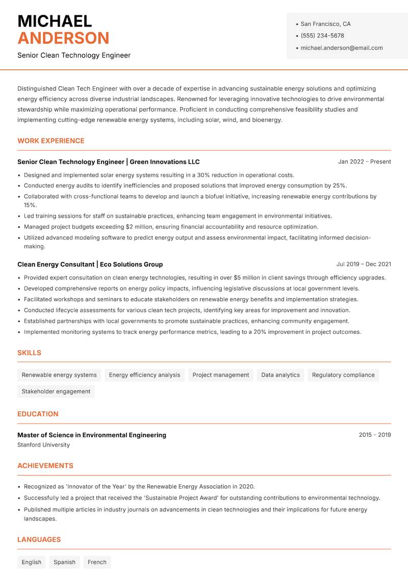 Clean Tech Engineer Resume Template