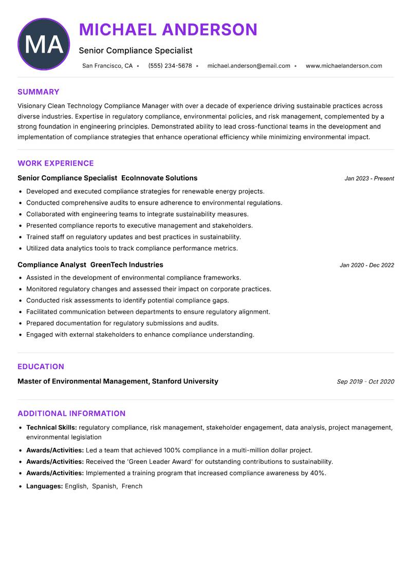 Clean Technology Compliance Manager Resume Preview Example