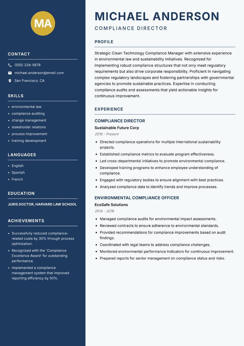 Clean Technology Compliance Manager Resume Preview Example