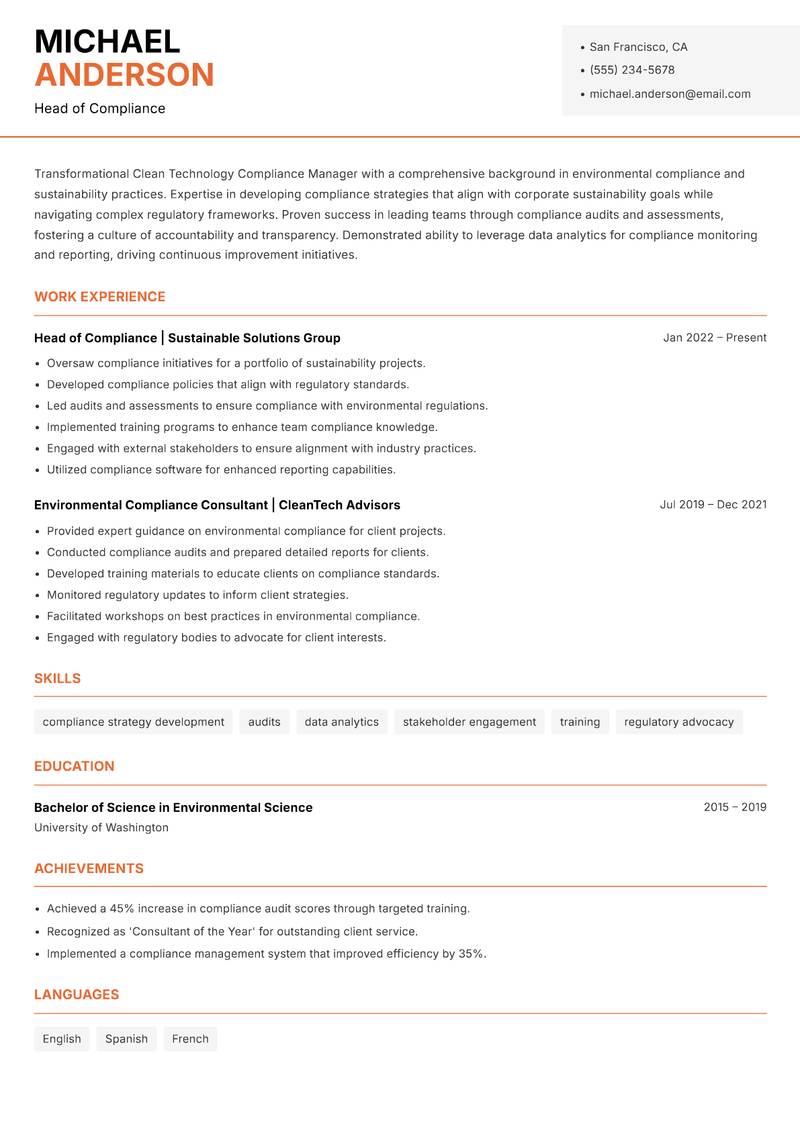 Clean Technology Compliance Manager Resume Template