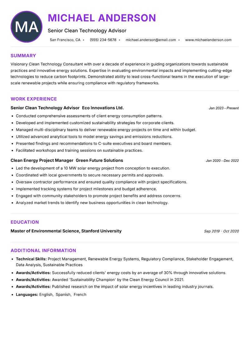 Clean Technology Consultant Resume Preview Example