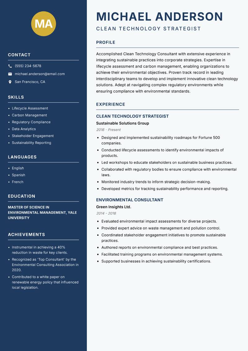 Clean Technology Consultant Resume Preview Example