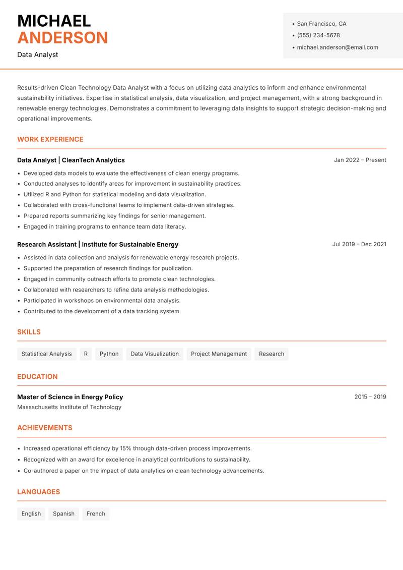 Clean Technology Data Analyst Resume Template