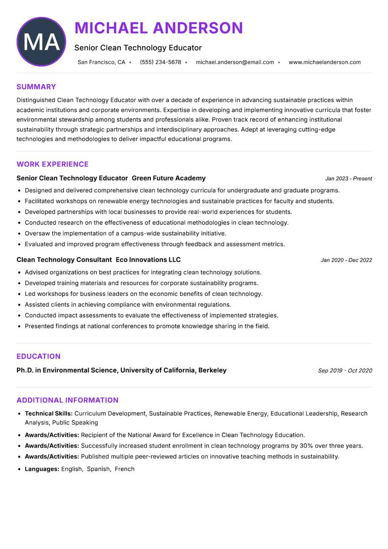 Clean Technology Educator Resume Preview Example