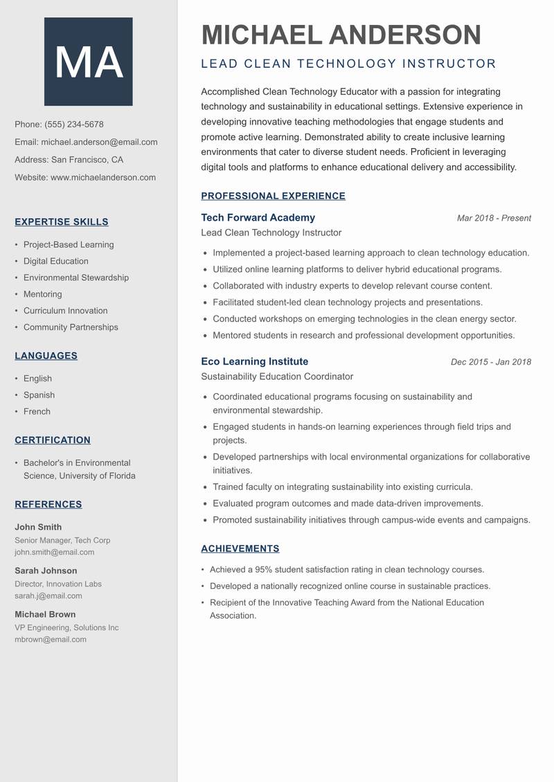 Clean Technology Educator Resume Preview Example