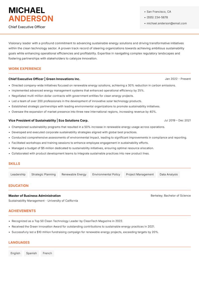 Clean Technology Executive Resume Template