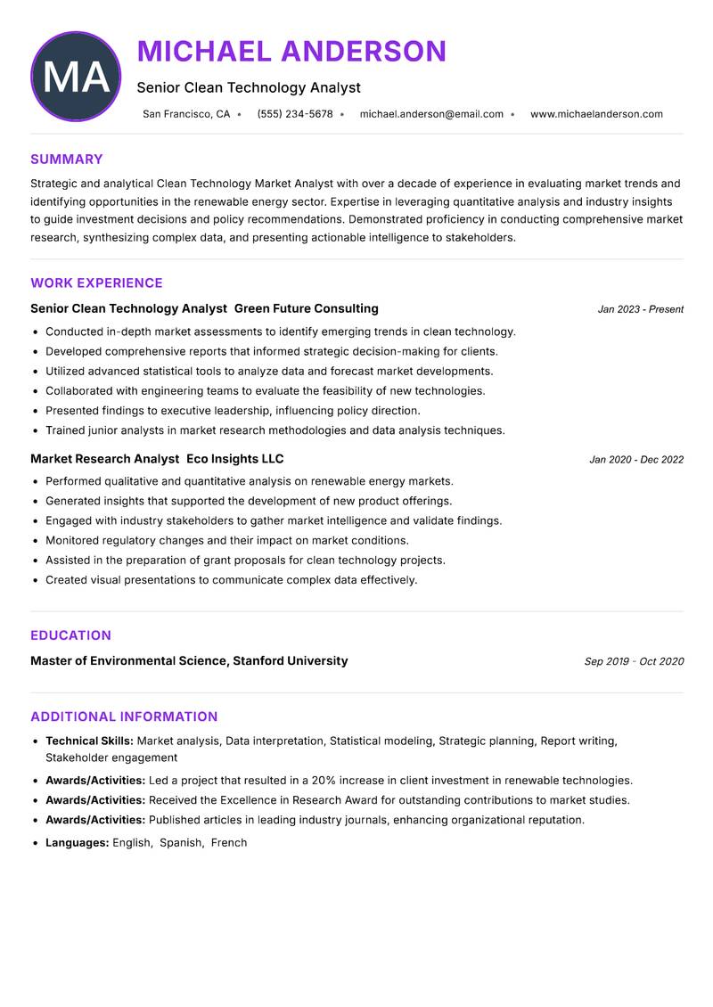 Clean Technology Market Analyst Resume Preview Example