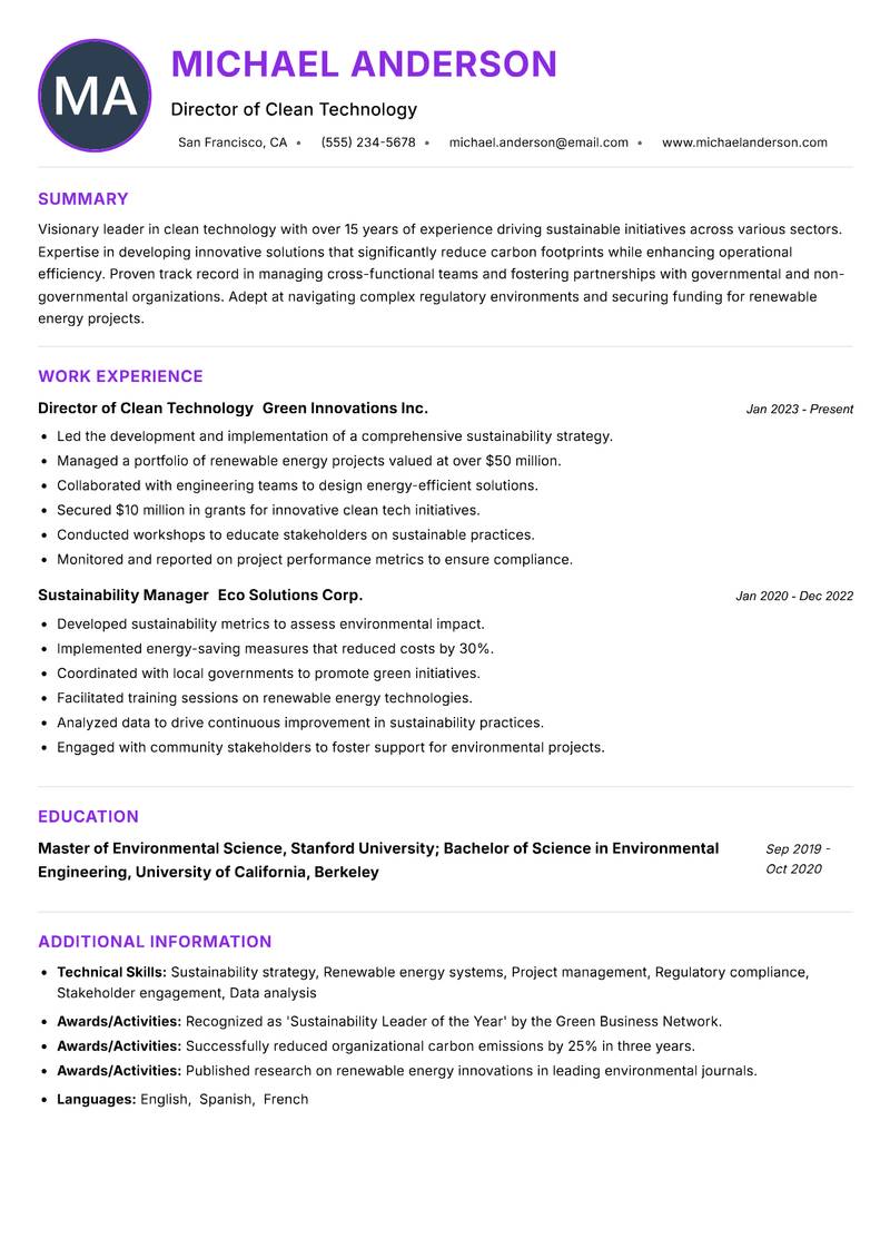 Clean Technology Officer Resume Preview Example