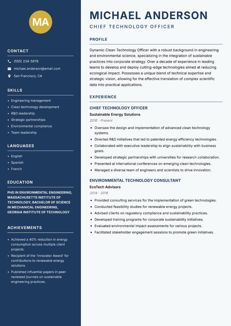 Clean Technology Officer Resume Preview Example