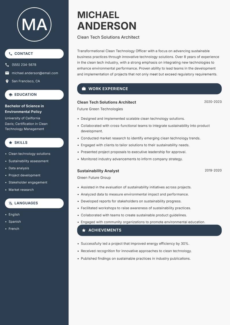 Clean Technology Officer Resume Preview Example