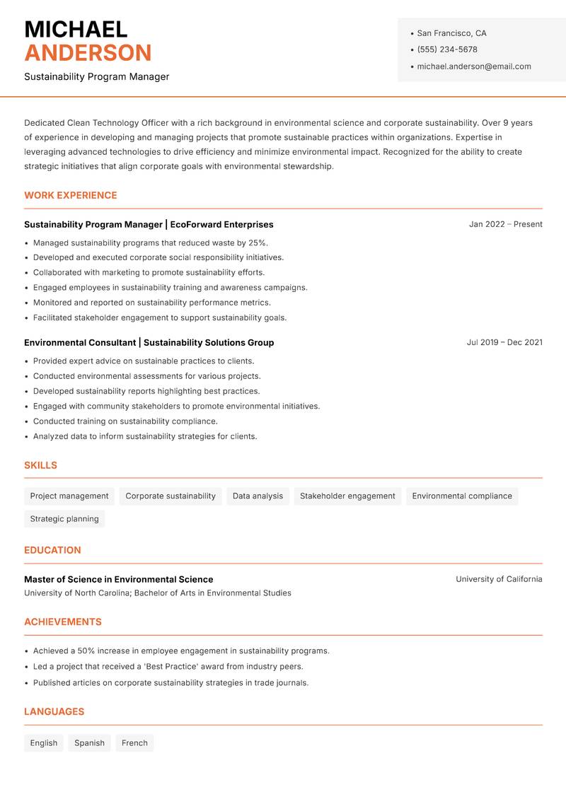 Clean Technology Officer Resume Template