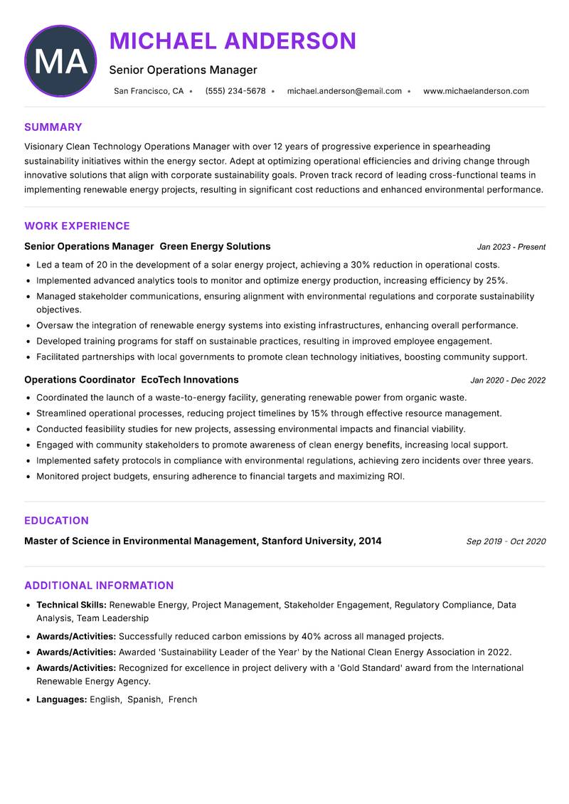 Clean Technology Operations Manager Resume Preview Example