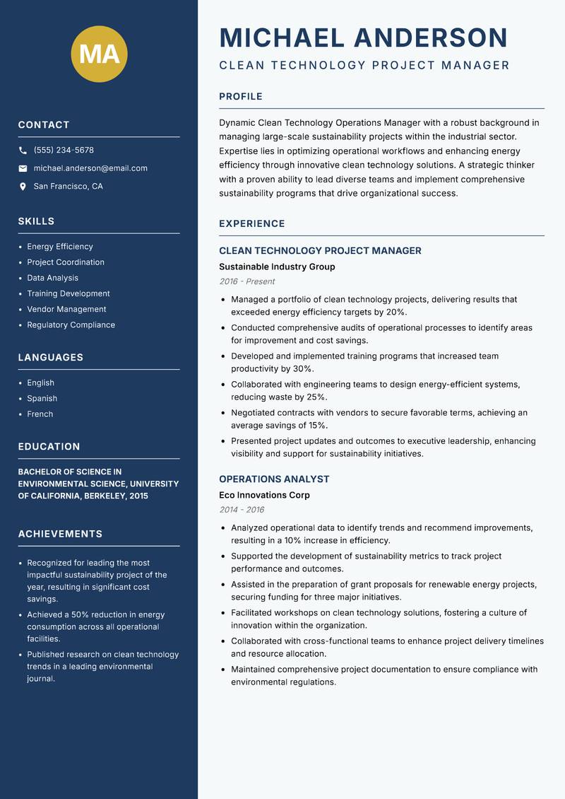 Clean Technology Operations Manager Resume Preview Example